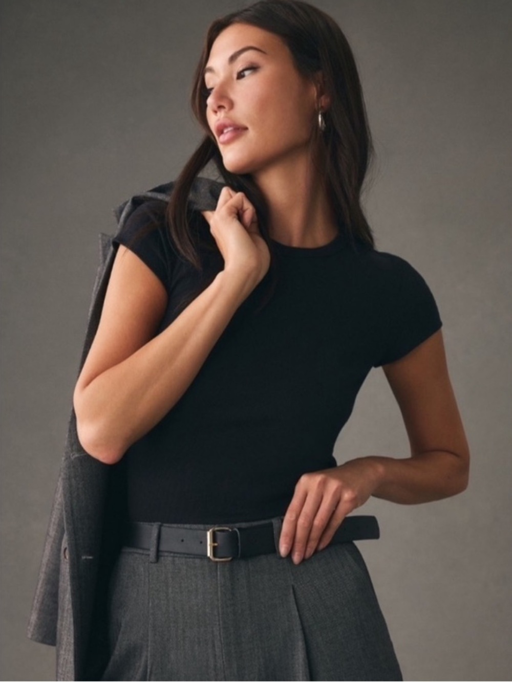 Anthropologie Ribbed Black Short Sleeve Tshirt Classic Black XS